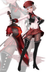 1girl absurdres alisa_ilinichina_amiella alisa_ilinichina_amiella_(cosplay) asymmetrical_gloves bare_shoulders black_footwear black_pantyhose black_vest boots bracer breasts cabbie_hat commentary_request cosplay cropped_vest curio_(curiofinity) elbow_gloves fate/grand_order fate_(series) fingerless_gloves full_body gloves god_eater god_eater_burst groin hair_between_eyes hand_on_own_hip hat high_heel_boots high_heels highres holding holding_sword holding_weapon huge_weapon jeanne_d&#039;arc_alter_(fate) looking_at_viewer medium_breasts navel pantyhose parted_lips plaid_clothes plaid_headwear plaid_skirt red_headwear red_skirt sakamoto_maaya short_hair sidelocks signature single_elbow_glove skirt smile standing stomach suspender_skirt suspenders suspenders_slip sweatdrop sword thigh_boots underboob vest voice_actor_connection weapon white_background yellow_eyes zoom_layer