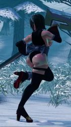 1girl 3d animated apron ass ass_focus ass_shake black_hair black_leotard breasts bush butt_crack curvy forest highleg highleg_leotard highres huge_ass iroha_(samurai_spirits) jiggle jumping large_breasts leotard looking_to_the_side maid maid_headdress nature samurai_spirits screencap shiny_skin short_hair skindentation solo sound thighhighs third-party_edit thong_leotard video wide_hips