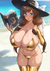 1girl absurdres beach bikini blue_eyes blush book breasts brown_hair curvy gold_bikini gold_thighhighs granblue_fantasy hair_ornament hat highres holding holding_book huge_breasts lancer24 long_hair looking_at_viewer navel open_mouth outdoors raziel_(granblue_fantasy) solo sweat swimsuit thighhighs thong_bikini