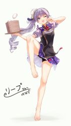 1girl absurdres apron bamboo_steamer steamed_bun bare_legs barefoot bike_shorts black_apron black_shorts bun_cover chinese_clothes commission dress feet food full_body gold_trim grey_background highres holding holding_tray knee_up legs long_hair looking_at_viewer one_eye_closed ongeki purple_dress purple_hair second-party_source shadow short_dress short_sleeves shorts side_ponytail simple_background solo standing standing_on_one_leg takase_rio tamiku_(shisyamo609) tassel tiptoes toenails toes tray