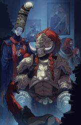 3boys 3girls animal armor beard black_gloves blue_robe bracer braid breastplate brother_and_sister brothers cloak closed_eyes conical_hat cowboy_shot elden_ring elden_ring:_shadow_of_the_erdtree facial_hair fake_horns gloves gold_armor hand_up hands_up helmet highres horned_helmet horns horse indoors jeweled_hat large_hat leonard_(elden_ring) long_hair lunar_princess_ranni mother_and_daughter mother_and_son multiple_boys multiple_girls open_mouth pauldrons pointy_hat portrait_(object) praetor_rykard radagon_of_the_golden_order red_cloak red_hair rellana_twin_moon_knight rennala_queen_of_the_full_moon robe shoulder_armor siblings smile standing starscourge_radahn tall_hat tworain_w