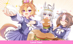 3girls animal_ears bamboo_steamer blue_eyes blush bow bowtie breasts brown_hair burger closed_eyes corn_dog crown ear_ornament ear_piercing ears_down emphasis_lines english_text food food_on_face grey_hair hair_ornament hairband hand_on_own_chest hihiqhi holding holding_food horse_ears horse_girl horse_tail large_breasts long_hair long_sleeves meisho_doto_(umamusume) mini_crown multiple_girls oguri_cap_(umamusume) open_mouth orange_hair outstretched_arm piercing purple_eyes purple_shirt purple_skirt sailor_collar school_uniform shirt short_hair skirt small_breasts smile sparkle steamed_bun t.m._opera_o_(umamusume) tail tracen_school_uniform twitter_username umamusume watermark