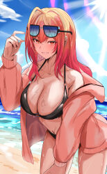 1girl absurdres ahoge bare_shoulders beach bikini black_bikini blush breasts cloud cloudy_sky collarbone day highres hololive hololive_dev_is hood hoodie huge_breasts ichijou_ririka kurogomatcha leaning_forward long_hair long_sleeves looking_at_viewer navel ocean orange_eyes orange_hair outdoors pink_hair pink_hoodie sand sky sleeves_past_wrists smile solo stomach sunglasses swimsuit virtual_youtuber