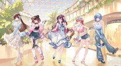 5girls absurdres azki_(hololive) azki_(holonatsu_paradise)_(hololive) bag black_camisole black_choker black_hair blue_arm_warmers blue_eyes blue_jacket blue_pants blue_sailor_collar blue_shoes blue_shorts blue_sky bow brown_hair camisole choker closed_mouth colored_inner_hair commentary_request denim denim_shorts double-parted_bangs double_bun dress eyewear_on_head flower flower_hairpin full_body gradient_hair green_eyes hair_between_eyes hair_bow hair_bun hair_flaps hair_flower hair_ornament hand_on_own_hip hand_up high_heels highres hololive holonatsu_paradise hoshimachi_suisei hoshimachi_suisei_(holonatsu_paradise) indoors jacket jeans leg_warmers long_hair looking_at_viewer mechanical_legs midriff multicolored_hair multiple_girls navel noir_eku off_shoulder official_alternate_costume official_alternate_hair_length official_alternate_hairstyle official_art open_mouth outside_border pants pink_hair pink_jacket pink_shirt pink_shoes pleated_skirt purple_eyes roboco-san roboco-san_(holonatsu_paradise) sailor_collar sailor_dress sakura_miko sakura_miko_(holonatsu_paradise) sandals second-party_source shirt shirt_tucked_in shoes short_hair short_twintails shorts shoulder_bag single_side_bun skirt skirt_hold sky sleeveless sleeveless_dress smile sneakers streaked_hair sunglasses t-shirt thigh_strap tokino_sora tokino_sora_(holonatsu_paradise) torn_clothes torn_jeans torn_pants twintails virtual_youtuber white_dress white_hair white_leg_warmers white_shirt white_shoes