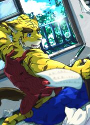 1boy absurdres animal_ears bara biceps blue_eyes blue_shorts blush commentary_request crumpled_paper diffraction_spikes fangs furry furry_male hi_na_ga highres looking_to_the_side male_focus morenatsu muscular muscular_male on_floor open_mouth opening_window pencil red_tank_top shorts sitting sun_glare tail tank_top tatami tiger_boy tiger_ears tiger_stripes tiger_tail torahiko_oshima yellow_fur