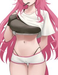 1girl absurdres black_gloves black_sports_bra breasts commentary gloves half_gloves highres holding holding_stylus hololive hololive_english large_breasts long_hair mouth_hold navel pink_hair raora_panthera shirt short_sleeves shorts simple_background solo somebody_(leiking00) sports_bra stomach stylus thighs virtual_youtuber white_background white_shirt white_shorts