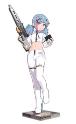 1boy blue_hair bulge chikuwa_fan973 closed_mouth commission crop_top full_body gun high_heels highres holding holding_gun holding_weapon looking_at_viewer low_twintails male_focus medium_hair multicolored_hair navel original pixiv_commission purple_eyes purple_hair short_twintails skin_tight streaked_hair transparent_background trap twintails weapon