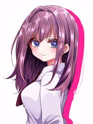 +_+ 1girl blue_eyes blush breasts collared_shirt colored_shadow drop_shadow from_side hair_between_eyes hair_intakes kimi_no_koto_ga_dai_dai_dai_dai_daisuki_na_100-nin_no_kanojo large_breasts long_hair looking_at_viewer necktie ohananomitsu_high_school_uniform patterned_hair purple_hair red_necktie saiki_himeka school_uniform shadow shirt sidelocks simple_background smile solo split_mouth upper_body white_background white_shirt yumenobetsu