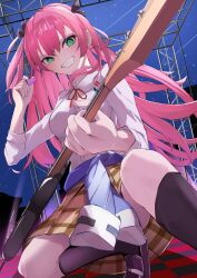 1girl aikawa_megumi breasts clothes_around_waist green_eyes guitar heaven_burns_red highres instrument jacket long_hair long_sleeves pink_hair ribbon shirt solo tsukune2398 two_side_up white_shirt