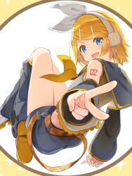 1girl belt black_arm_warmers black_leg_warmers black_sailor_collar black_shorts blonde_hair blue_eyes border breasts commentary hair_ornament hairclip headphones highres kagamine_rin leg_warmers looking_at_viewer looking_back midriff neckerchief number_tattoo open_mouth orange_belt rb2 round_border sailor_collar shirt shoes short_hair short_shorts shorts shoulder_tattoo sleeveless sleeveless_shirt small_breasts smile solo tattoo thighs v vocaloid white_background white_shirt yellow_border yellow_neckerchief