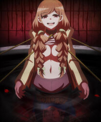 1girl braid breasts dark_gathering highres houzuki_eiko large_breasts long_hair looking_at_viewer navel open_mouth smile solo stitched third-party_edit twin_braids