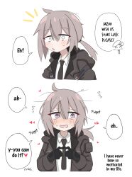 1girl ahoge blush collared_shirt commander_(girls&#039;_frontline) dress_shirt english_text girls&#039;_frontline grey_hair hair_between_eyes heart highres jacket m200_(girls&#039;_frontline) medium_hair messy_hair necktie ponytail purple_eyes shirt short_ponytail smart_oval sweatdrop upper_body