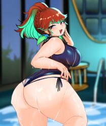 1girl ass black_one-piece_swimsuit braid breasts colored_inner_hair crown_braid fang from_behind green_hair hand_to_own_mouth hololive hololive_english huge_ass large_breasts laughing looking_back multicolored_hair one-piece_swimsuit open_mouth orange_hair peagade perfume_(takanashi_kiara) pink_eyes plump ponytail pool purple_nails side-tie_swimsuit skin_fang smile solo swimsuit takanashi_kiara thick_thighs thighs wet