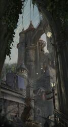 absurdres bridge castle from_below goat hat highres jenmin12 medieval original plant sky vines witch witch_hat