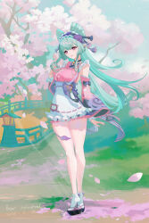 1girl absurdres apron aqua_hair bear_minstrel bell breasts cherry_blossoms detached_sleeves falling_petals food frilled_apron frilled_hairband frills full_body genshin_impact hairband head_tilt highres japanese_clothes kimono long_hair medium_breasts neck_bell okobo open_mouth outdoors petals pink_kimono pink_petals pink_pupils platform_sandals pointy_ears purple_hair sandals short_kimono smile socks tail tail_around_own_leg tapir_tail wagashi waist_apron white_apron white_socks wide_sleeves yumemizuki_mizuki