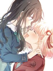 :d absurdres black_hair blonde_hair blush bow bowtie closed_eyes dress green_bow green_bowtie hair_ribbon highres inoue_takina lifting_person long_hair looking_at_another lycoris_recoil nishikigi_chisato open_mouth red_ribbon ribbon rococomm123 school_uniform short_hair smile two-tone_dress white_background yuri