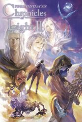 1girl 4boys adventurer_(ff14) alpha_(ff14) bird cape chocobo copyright_name cover cover_page crystal_exarch crystallization emet-selch final_fantasy final_fantasy_xiv g&#039;raha_tia highres holding holding_staff hood hood_up hythlodaeus itahana_toshiyuki long_hair material_growth medium_hair multiple_boys official_art omega_(final_fantasy) paladin_(final_fantasy) staff standing venat_(ff14) warrior_of_light_(ff14) white_cape white_hair yellow_eyes