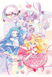 3girls :d ahoge ankle_boots aokaze_nana arm_warmers artist_name bare_shoulders beads blonde_hair blue_bow blue_bowtie blue_dress blue_eyes blue_hair blue_ribbon blue_sleeves blue_wrist_cuffs boots bow bow-shaped_hair bow_choker bowtie choker closed_mouth collar collarbone commentary crop_top cure_idol cure_kyunkyun cure_wink detached_collar detached_sleeves double_bun dress drill_hair earrings english_commentary flat_chest floating_hair full_body hair_beads hair_between_eyes hair_bow hair_bun hair_ornament hair_ribbon headset heart heart-shaped_hair heart_earrings heart_hair_bun heart_hands heart_hands_trio heart_wand highres holding holding_wand huge_ahoge idol_heart_brooch jewelry kimi_to_idol_precure knee_boots long_hair looking_at_viewer magical_girl meroron_(precure) microphone midriff multicolored_hair multiple_girls navel one_eye_closed open_mouth pink_bow pink_choker pink_hair pink_ribbon pink_shirt pink_skirt pink_wrist_cuffs plaid_bow plaid_clothes plaid_ribbon plaid_sleeves precure puffy_detached_sleeves puffy_sleeves purirun_(precure) purple_bow purple_choker purple_dress purple_eyes purple_hair purple_wrist_cuffs qianxia_yell qr_code ribbon sakura_uta_(precure) shigure_kokoro shirt short_sleeves single_arm_warmer skirt smile strapless strapless_dress streaked_hair thigh_strap twin_drills twintails two-tone_hair very_long_hair wand white_arm_warmers white_boots white_collar white_sleeves wrist_cuffs yellow_eyes