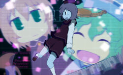 Rule 34 | 3girls, blonde hair, blue hair, brown shoes, closed eyes, closed mouth, commentary request, daike (yataka), expressionless, foot out of frame, green eyes, instrument, long sleeves, lunasa prismriver, lyrica prismriver, merlin prismriver, multiple girls, nichijou, open mouth, parody, red skirt, red vest, shirt, shoes, short hair, siblings, sisters, skirt, skirt set, smile, touhou, vest, violin, white shirt