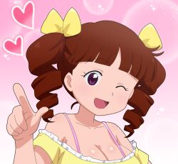 Rule 34 | 1girl, :d, ;d, aged up, alternate breast size (larger), blunt bangs, blush, bow, breasts, brown hair, chibi maruko-chan, cleavage, collarbone, dress, drill hair, eyelashes, hair bow, hand up, happy, heart, highres, hitokiwa kenchin, index finger raised, jougasaki himeko, large breasts, long hair, looking at viewer, multiple hair bows, one eye closed, open mouth, parted bangs, pink background, purple eyes, short sleeves, sleeveless, smile, spaghetti strap, tongue, twin drills, twintails, upper body, yellow bow, yellow dress