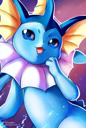 commentary dated english_commentary gen_1_pokemon gradient_background highres light_particles looking_at_viewer nintendo no_humans open_mouth pokemon pokemon_(creature) purple_background signature solo vaporeon vermeilbird