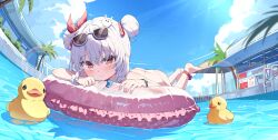 1girl barefoot bikini blue_sky braid brown_eyes commentary_request day double_bun eyewear_on_head frilled_innertube full_body hair_between_eyes hair_bun hair_ornament highres innertube kyumi_(mannack) looking_at_viewer lying mannack medium_hair on_stomach original outdoors pink_innertube pool rabbit-shaped_pupils rabbit_hair_ornament reflection rubber_duck sky solo swim_ring swimsuit symbol-shaped_pupils water white_bikini white_hair