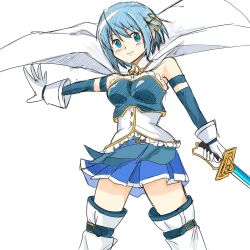 bare_shoulders belt blue_eyes blue_hair blue_skirt cape detached_sleeves fortissimo gloves hair_ornament hatching_(texture) highres holding holding_sword holding_weapon kaede_agtm looking_at_viewer magical_girl mahou_shoujo_madoka_magica mahou_shoujo_madoka_magica_(anime) miki_sayaka miki_sayaka_(magical_girl) miniskirt musical_note musical_note_hair_ornament short_hair simple_background sketch skirt sword thigh_belt thigh_strap thighhighs weapon white_background white_cape white_gloves white_thighhighs