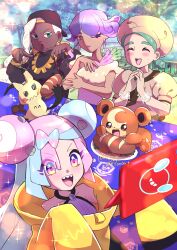 4girls absurdres ascot asymmetrical_hair backwards_hat baseball_cap black_headwear bow-shaped_hair brown_ascot brown_eyes character_hair_ornament chef_hat creatures_(company) dark-skinned_female dark_skin dreadlocks earrings eyelashes eyeshadow food game_freak gen_2_pokemon gen_4_pokemon gen_7_pokemon gloves green_eyes green_nails hair_ornament hat highres iono_(pokemon) jacket jewelry katy_(pokemon) light_green_hair long_hair makeup mimikyu mole mole_on_cheek multicolored_hair multiple_girls nintendo one_eye_closed open_mouth outdoors oversized_clothes pink_hair pokemon pokemon_sv puffy_short_sleeves puffy_sleeves purple_hair purple_nails rotom rotom_phone ryme_(pokemon) sandwich sharp_teeth sheyona short_sleeves side_ponytail single_sidelock sitting sleeveless sleeves_past_fingers sleeves_past_wrists smile teddiursa teeth tulip_(pokemon) two-tone_hair white_hair yellow_jacket