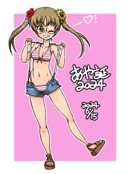 1girl 2024 bikini birthday blue_shorts breasts brown_eyes brown_hair brown_sandals character_name commentary dated denim denim_shorts flower full_body girls_und_panzer glasses grin hair_flower hair_ornament halterneck heart hibiscus long_hair looking_at_viewer micro_shorts navel one_eye_closed oono_aya open_fly outline pink_background pink_bikini rimless_eyewear round_eyewear sandals shorts small_breasts smile solo standing standing_on_one_leg striped_bikini striped_clothes sunflower suspender_shorts suspenders suspenders_pull swimsuit takahashi_kurage translated twintails white_outline