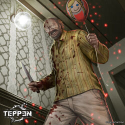 1boy balding ballon beard blood blue_eyes capcom denim facial_hair flannel grey_hair hallway hinata_gureko horror_(theme) jack_baker jeans kitchen_knife knife looking_at_viewer monster_boy mustache official_art pants remake resident_evil resident_evil_2 resident_evil_2_(remake) resident_evil_7:_biohazard sherry_birkin smile teppen weapon