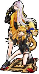 2girls absurdres ahoge animal_ear_fluff animal_ears bow brown_shirt claw_(weapon) collared_shirt elbow_gloves fingerless_gloves gloves green_eyes hair_ornament high-waist_shorts highres holding_ofuda jacket ju_fufu long_hair looking_at_viewer multiple_girls on_one_knee orange_fur rin_yu_ayakawa shirt shorts single_elbow_glove single_hair_intake single_thighhigh smile tail tail_bow tail_ornament thigh_strap thighhighs tiger_ears tiger_girl tiger_stripes tiger_tail weapon yellow_eyes yellow_jacket yin_yang_pin yixuan_(zenless_zone_zero) zenless_zone_zero