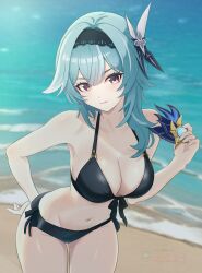 1girl absurdres aqua_hair beach bikini black_bikini black_hairband blue_hair blush breasts closed_mouth eula_(genshin_impact) futatunoniji genshin_impact hair_between_eyes hair_ornament hairband highres long_hair looking_at_viewer medium_breasts navel ocean solo stomach swimsuit vision_(genshin_impact)