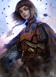 1girl armor autumn_leaves belt cape commentary darth_plagueis energy_sword english_commentary fog genderswap glowing helmet leaf lightsaber lips original science_fiction sebijy1 signature sith star_wars sword uniform unworn_headwear unworn_helmet weapon yellow_eyes