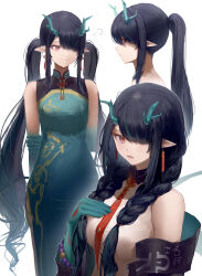 Rule 34 | 1girl, absurdres, alternate hairstyle, aqua dress, arknights, bare shoulders, black hair, black jacket, braid, breasts, brown eyes, china dress, chinese clothes, closed mouth, collared shirt, commentary, dragon girl, dress, dusk (arknights), dusk (everything is a miracle) (arknights), eastern dragon horns, green hair, green hands, green horns, hair over one eye, hand on own chest, highres, horns, jacket, long hair, looking at viewer, looking to the side, low twin braids, medium breasts, multicolored hair, multiple views, necktie, nemofurai, off-shoulder jacket, off shoulder, official alternate costume, open mouth, pointy ears, ponytail, profile, red necktie, shirt, sidelocks, simple background, sleeveless, sleeveless dress, sleeveless shirt, streaked hair, twin braids, twintails, two-tone hair, upper body, white shirt