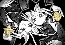 Rule 34 | 2boys, arm up, belt, belt buckle, black background, buckle, chest belt, closed mouth, coat, curtained hair, hand on own stomach, highres, lapels, long sleeves, looking at another, looking down, looking to the side, male focus, millennium puzzle, multiple belts, multiple boys, muto yugi, ncxlsxls, notched lapels, parted lips, purple eyes, simple background, smile, spiked hair, spot color, yami yugi, yu-gi-oh!, yu-gi-oh! duel monsters