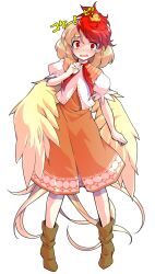 1girl alphes_(style) animal animal_on_head baby_animal bird bird_tail blonde_hair boots brown_boots chick closed_mouth commentary_request dairi dress feathered_wings full_body hand_up highres looking_at_viewer multicolored_hair neckerchief niwatari_kutaka on_head orange_dress parody puffy_short_sleeves puffy_sleeves red_eyes red_hair red_neckerchief shirt short_hair short_sleeves smile solo standing straight-on style_parody tachi-e tail touhou transparent_background two-tone_hair white_shirt wings
