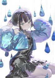 1girl absurdres bare_shoulders black_dress black_hair blue_eyes blue_jacket closed_mouth commentary dress hands_up highres jacket long_sleeves looking_at_viewer mo011010 open_clothes open_jacket original short_hair simple_background sitting solo symbol-only_commentary water_drop white_background