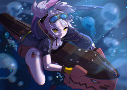 1girl :d air_bubble azur_lane bare_shoulders black_jacket blonde_hair blue_jacket breasts bubble cleavage diving echo_(lowlow808) fang from_above gloves goggles goggles_on_head hood hooded_jacket jacket leaning_forward leaning_on_object looking_at_viewer looking_up medium_hair one-piece_swimsuit open_clothes open_jacket open_mouth riding rigging slit_pupils small_breasts smile solo straddling submarine submerged swimsuit thighs twintails u-96_(azur_lane) underwater watercraft white_one-piece_swimsuit yellow_eyes