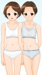 1girl arms_behind_back blush bra breasts brown_eyes brown_hair cameltoe clothes_writing collarbone crotch_seam dedenden_(pixiv30568724) grey_bra grey_panties looking_at_viewer navel open_mouth original panties short_hair small_breasts smile standing underwear white_background white_bra white_panties