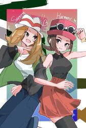 Rule 34 | 2girls, :d, aya souki07, black eyes, black jacket, black shirt, black thighhighs, blonde hair, blush, bracelet, brown hair, character name, cosplay, costume switch, denim, fedora, female focus, glasses, green jacket, harmony (pokemon), harmony (pokemon) (cosplay), hat, heart, highres, jacket, jeans, jewelry, locked arms, long hair, looking back, mega ring, multicolored jacket, multiple girls, nintendo, open mouth, pants, pokemon, pokemon legends: z-a, pokemon xy, porkpie hat, red hat, red skirt, serena (pokemon), serena (pokemon) (cosplay), shirt, skirt, smile, split ponytail, thighhighs, two-tone jacket, white hat