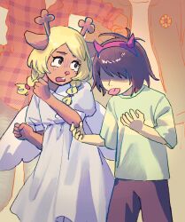 1boy 1other 2girls aged_down animal_ears antlers asriel_dreemurr beryllium_game blonde_hair braid brown_hair december_holiday deer_antlers deer_ears deer_girl deltarune dress fake_horns furry furry_female green_shirt hairband highres horn_hairband horns kris_(deltarune) long_hair multiple_girls noelle_holiday plaid_clothes plaid_shirt puffy_short_sleeves puffy_sleeves red_hairband red_horns red_shirt shirt short_hair short_sleeves tears tongue tongue_out twin_braids white_dress white_wings wings