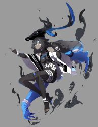 1girl 1other anklet antlers bare_shoulders black_bodysuit blue_eyes blue_skin body_markings bodysuit breasts character_request clothing_request colored_skin covered_navel dress facepaint fingerless_gloves fingernails floating gloves glowing glowing_eyes grey_background grey_hair grey_skin hair_ornament highres horns jewelry long_fingernails medium_breasts multiple_rings original ring shadow silver_jewelry skinny skull skull_hair_ornament smile smoke spirit thumb_ring toeless_legwear toenails toes toned toned_female tribal two-tone_dress yamunashi_(soregoshi)