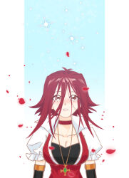 1girl absurdres blue_background brown_eyes bs33_bs closed_mouth highres izayoi_aki medium_hair red_eyes red_petals short_hair simple_background solo white_background yu-gi-oh! yu-gi-oh!_5d&#039;s