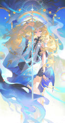 1girl absurdres bare_shoulders black_collar black_dress blonde_hair blue_eyes cartethyia_(wuthering_waves) chinese_commentary closed_mouth collar commentary_request crown_of_thorns dress earrings highres holding holding_sword holding_weapon imperator_(wuthering_waves) jewelry long_hair looking_at_viewer necklace parted_bangs pointy_ears solo sword tabard tacet_mark_(wuthering_waves) thighs unicorn very_long_hair weapon white_tabard wuthering_waves yunouou10