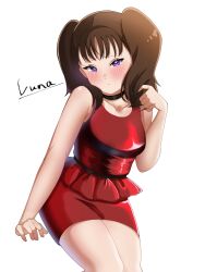 1girl bare_shoulders blush breasts brown_hair diane_(nanatsu_no_taizai) dress highres long_hair looking_at_viewer love_diane nanatsu_no_taizai purple_eyes sleeveless twintails white_background