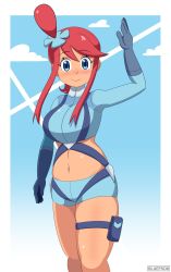 Rule 34 | 1girl, absurdres, blue eyes, blue sky, bluefrog, blush, breasts, cloud, crop top, dark-skinned female, dark skin, gloves, highres, large breasts, long sleeves, nintendo, pokemon, pokemon bw, red hair, shorts, sky, skyla (pokemon)