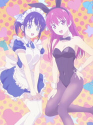 2girls anime_screenshot apron bare_shoulders black_bow black_bowtie black_pantyhose blue_eyes blue_hair blue_ribbon blue_skirt blush bow bowtie breasts cleavage clothing_cutout cuffs dot_nose female_focus garter_belt garter_straps hair_ribbon hand_on_own_hip hand_on_own_thigh highres kanojo_mo_kanojo legs leotard long_hair looking_at_viewer maid maid_apron maid_headdress medium_breasts minase_nagisa miniskirt multiple_girls navel navel_cutout open_mouth pantyhose playboy_bunny rabbit_ears red_eyes red_hair ribbon saki_saki_(kanojo_mo_kanojo) short_hair short_sleeves side_ponytail skirt small_breasts teeth thighhighs thighs upper_teeth_only white_apron white_bow white_garter_belt white_garter_straps zettai_ryouiki