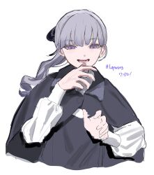 1girl absurdres black_coat character_name coat covering_own_mouth cropped_torso grey_hair hand_over_own_mouth highres lapwing_(vrchat) laughing open_mouth ponytail purple_eyes shinonome_nemu_(nemulog_sn) solo teeth vrchat white_background
