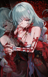 1girl absurdres bandage_over_one_eye bandaged_arm bandages bare_shoulders black_pantyhose black_skirt blood bloody_tears breasts broken_glass cleavage closed_mouth commentary crazy_smile different_reflection dress earrings fingernails flower glass grey_eyes grey_hair halter_dress halterneck hand_up highres jewelry long_hair medium_breasts nail_polish open_mouth pantyhose phrolova_(wuthering_waves) red_dress red_eyes red_nails reflection rhtkd skirt smile solo spider_lily tacet_mark_(wuthering_waves) wuthering_waves