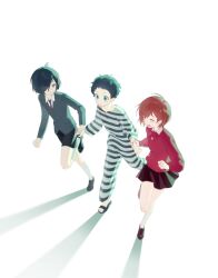 1girl 2boys 7_ps absurdres aged_down black_hair black_shoes black_shorts black_skirt blue_eyes brown_hair closed_eyes collared_shirt hair_over_one_eye hashtag-only_commentary highres holding_hands jacket kneehighs long_sleeves multiple_boys open_mouth pants persona persona_3 persona_3_portable pharos prison_clothes shadow shirt shoes shorts simple_background skirt socks white_background white_shirt white_socks yuuki_makoto_(persona_3)